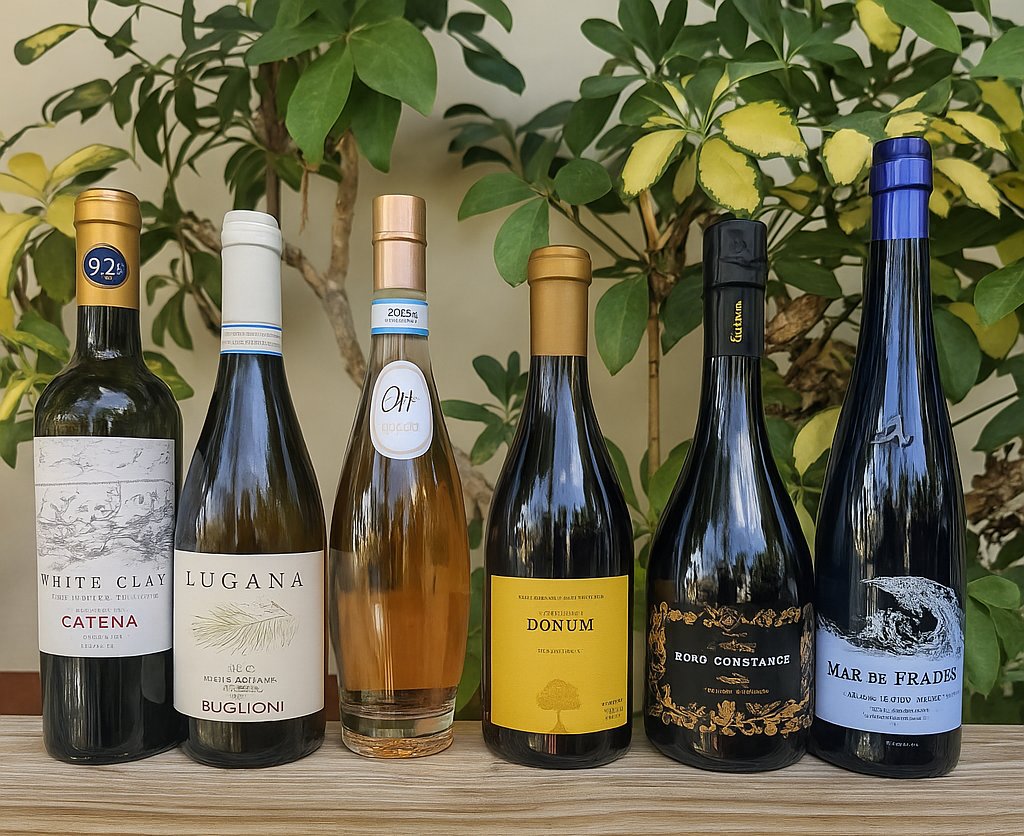 Six bottles of premium California wines lined up in front of an American flag for the 4th of July wine sale at Happy Wine Calle Ocho.